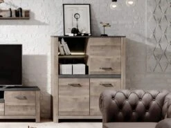 Buffet Haut SABONI - 3 Portes Et 2 Niches - Avec LEDs - Noyer Et Anthracite -Mobilier De Restaurant bibliotheque 483443