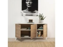 Buffet 3 Portes Koln, Couleur Blanc Brossé Et Bois, 136,5 Cm Largeur -Mobilier De Restaurant buffet 10403383