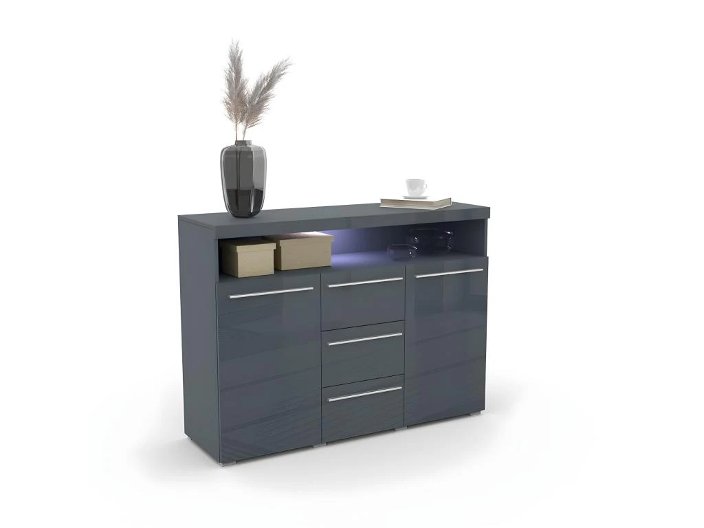 Buffet 130cm Pour Salon Couleur Gris Brillant Avec éclairage LED Multicolore Intégré Collection BOMBAY. 2 Buffet 130cm Pour Salon Couleur Gris Brillant Avec éclairage LED Multicolore Intégré Collection BOMBAY. – Image 2