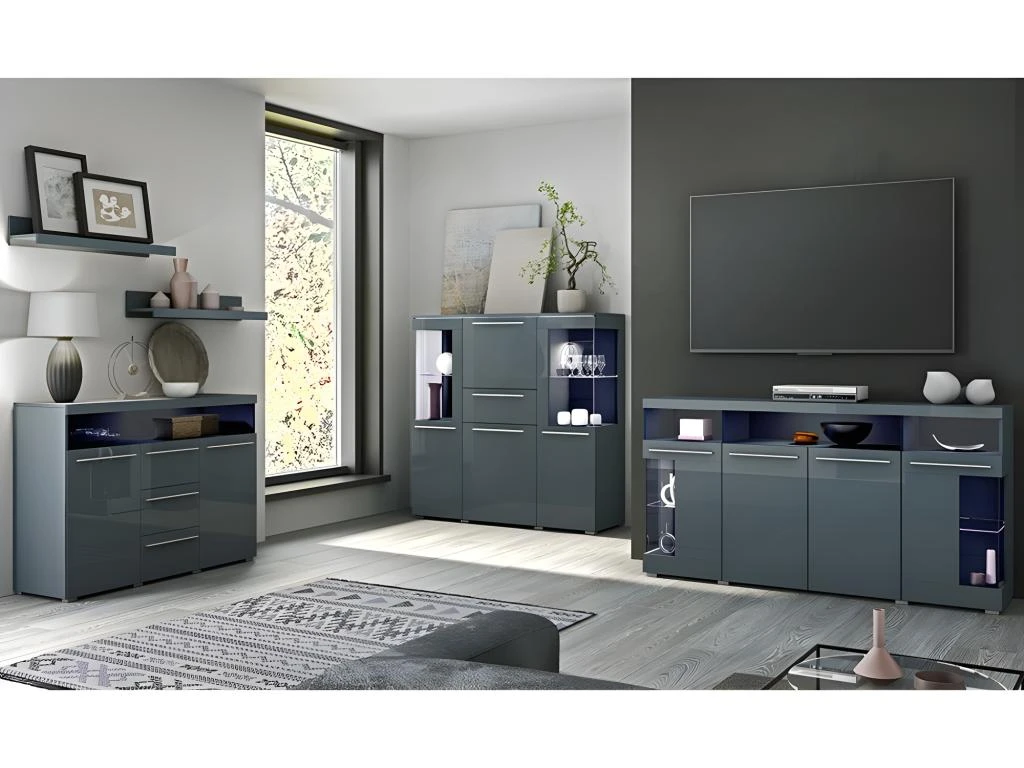 Buffet 130cm Pour Salon Couleur Gris Brillant Avec éclairage LED Multicolore Intégré Collection BOMBAY. 5 Buffet 130cm Pour Salon Couleur Gris Brillant Avec éclairage LED Multicolore Intégré Collection BOMBAY. – Image 5