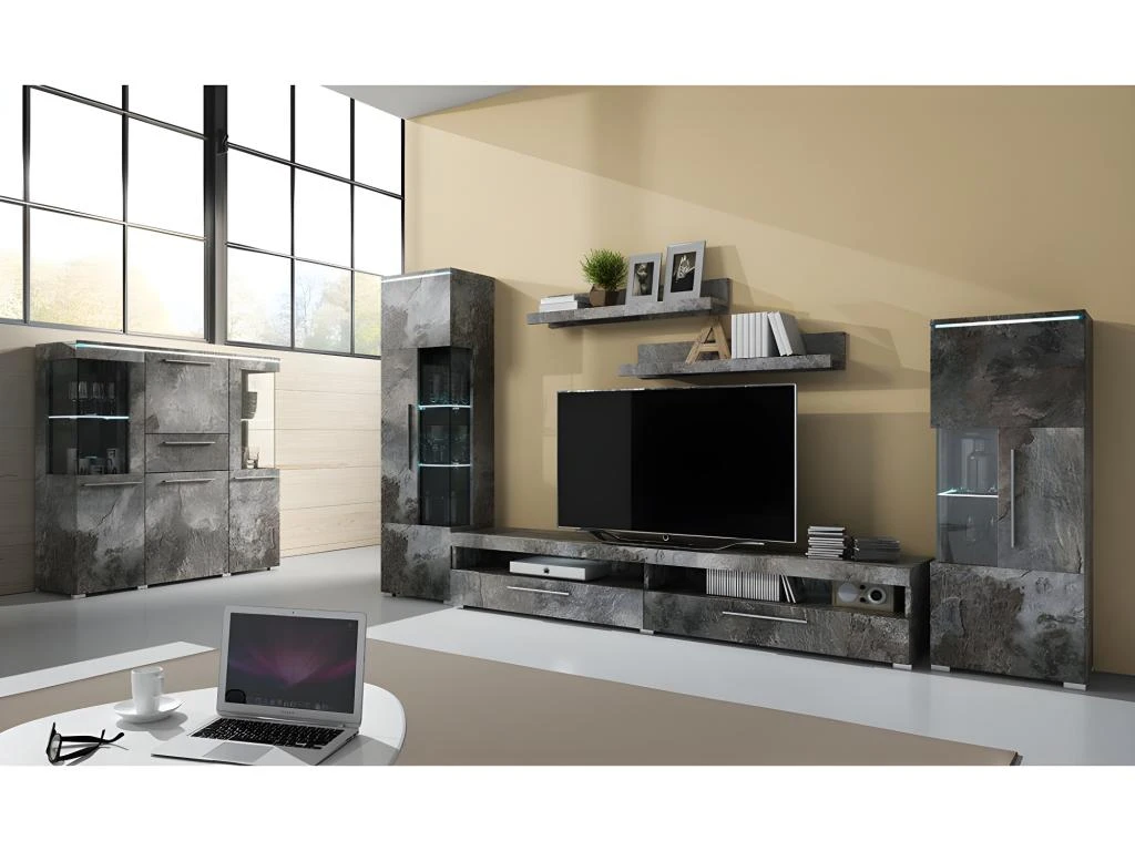 Buffet Haut Pour Salon Couleur Gris Effet Ardoise Avec éclairage LED Multicolore Intégré Collection BOMBAY. 2 Buffet Haut Pour Salon Couleur Gris Effet Ardoise Avec éclairage LED Multicolore Intégré Collection BOMBAY. – Image 2