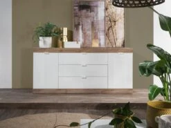 Buffet Avec 2 Portes Et 3 Tiroirs - Naturel Et Blanc Laqué - EVOLIA