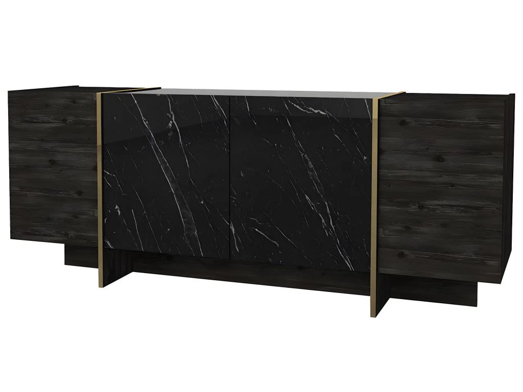 Buffet Avec 4 Portes - Effet Marbre Noir, Naturel Foncé Et Doré - CADEBA II 5 Buffet Avec 4 Portes - Effet Marbre Noir, Naturel Foncé Et Doré - CADEBA II – Image 5