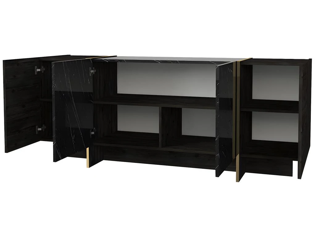 Buffet Avec 4 Portes - Effet Marbre Noir, Naturel Foncé Et Doré - CADEBA II 6 Buffet Avec 4 Portes - Effet Marbre Noir, Naturel Foncé Et Doré - CADEBA II – Image 6