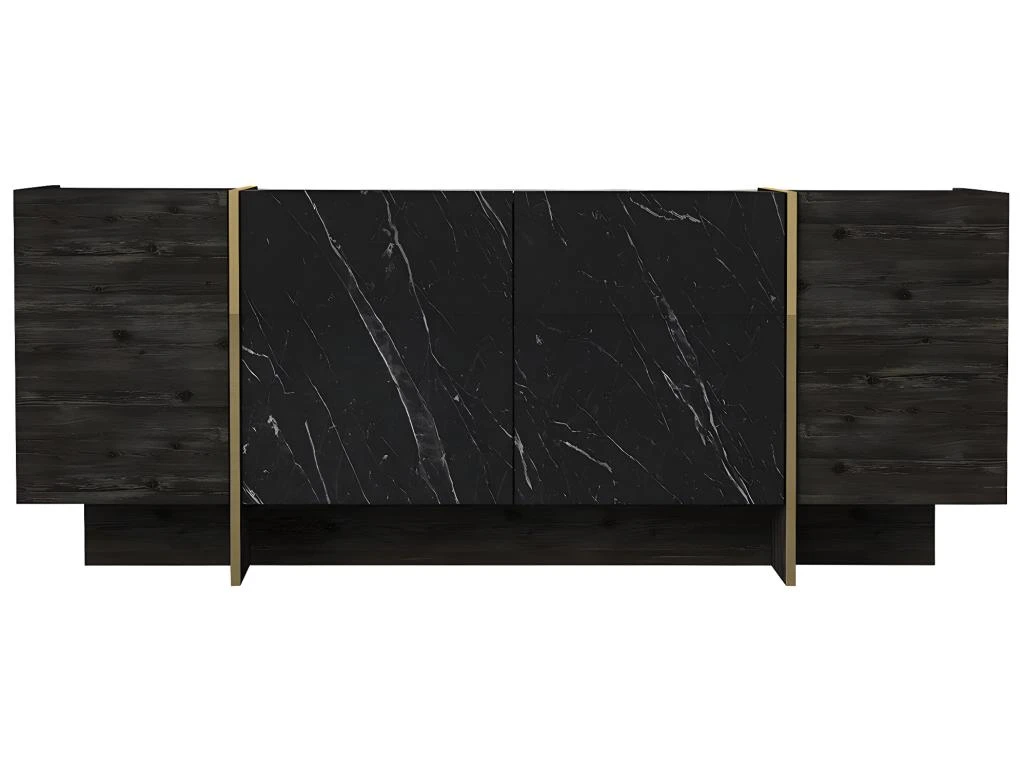 Buffet Avec 4 Portes - Effet Marbre Noir, Naturel Foncé Et Doré - CADEBA II 4 Buffet Avec 4 Portes - Effet Marbre Noir, Naturel Foncé Et Doré - CADEBA II – Image 4