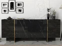 Buffet Avec 4 Portes - Effet Marbre Noir, Naturel Foncé Et Doré - CADEBA II