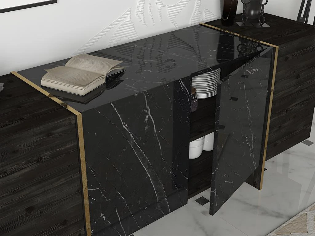 Buffet Avec 4 Portes - Effet Marbre Noir, Naturel Foncé Et Doré - CADEBA II 3 Buffet Avec 4 Portes - Effet Marbre Noir, Naturel Foncé Et Doré - CADEBA II – Image 3