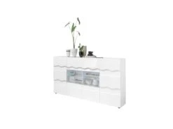 Buffet 2 Portes 4 Tiroirs Relief Blanc Laqué Brillant - OCEAN