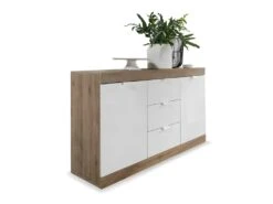 Buffet 2 Portes 3 Tiroirs Blanc Laqué Brillant/Chêne Naturel - SPEZIA