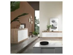 Buffet 2 Portes 3 Tiroirs Blanc Laqué Brillant/Chêne Naturel - SPEZIA -Mobilier De Restaurant buffet 11133217