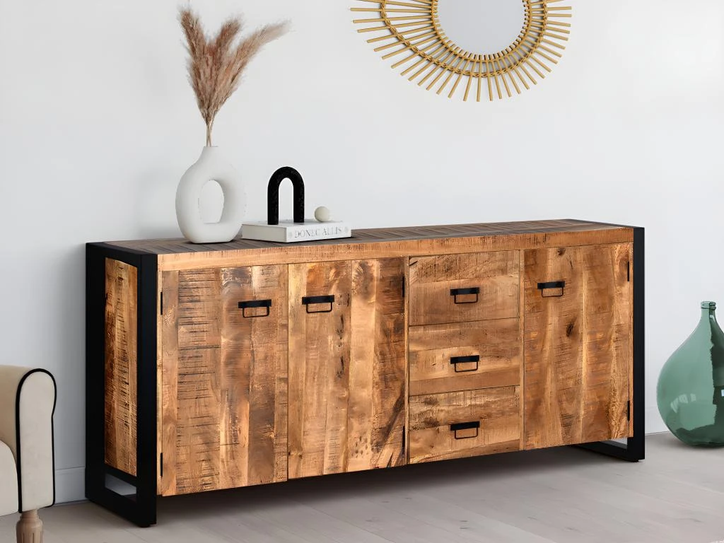 Buffet HARLEM - 3 Portes Et 3 Tiroirs - Bois De Manguier & Métal 2 Buffet HARLEM - 3 Portes Et 3 Tiroirs - Bois De Manguier & Métal – Image 2
