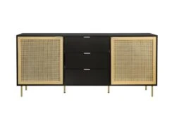 Buffet HARROD - Laque Noir Et Maillage En Rotin Naturel - 2 Portes Et 3 Tiroirs - L 180 X P 40 X H 80 Cm