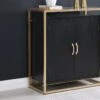 Buffet Haut Avec 2 Portes En MDF, Verre Trempé Et Métal - Effet Bois Noir Et Doré - TERIAVI