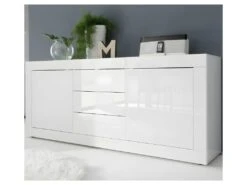 Buffet 2 Portes 3 Tiroirs Blanc Laqué Brillant - MATERA