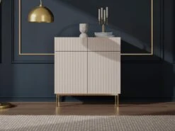 Buffet Haut Avec 2 Portes Et 2 Tiroirs En MDF Et Acier - Beige Et Doré - EVILANA