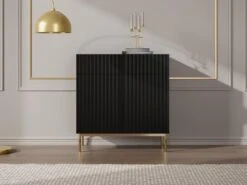 Buffet Haut Avec 2 Portes Et 2 Tiroirs En MDF Et Acier - Noir Et Doré - EVILANA