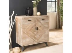 ANDRO - Buffet Beige Scandi 2 Tiroirs 2 Portes Pieds Noirs Sapin