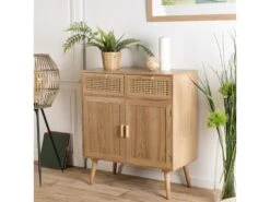 ROMEO - Buffet Couleur Naturelle 2 Tiroirs 2 Portes Bois Cannage