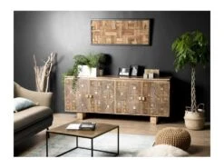 IRENE - Buffet Bois Manguier 177x45cm 4 Portes 2 étagères Motifs Noirs Goa