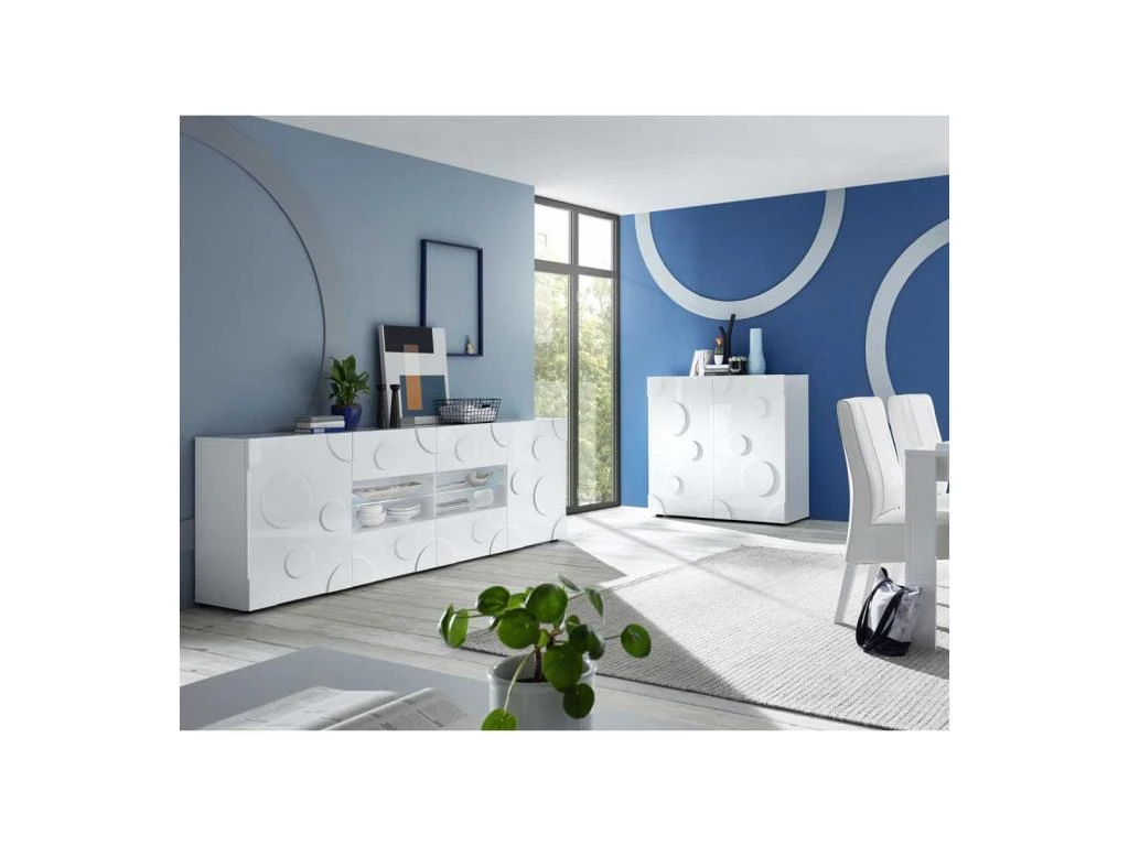 Buffet 2 Portes 4 Tiroirs Blanc Laqué Brillant à Leds - PEPPERONI 2 Buffet 2 Portes 4 Tiroirs Blanc Laqué Brillant à Leds - PEPPERONI – Image 2