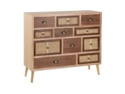Meuble D'entrée 11 Tiroirs Bois/Rotin - BISCUIT