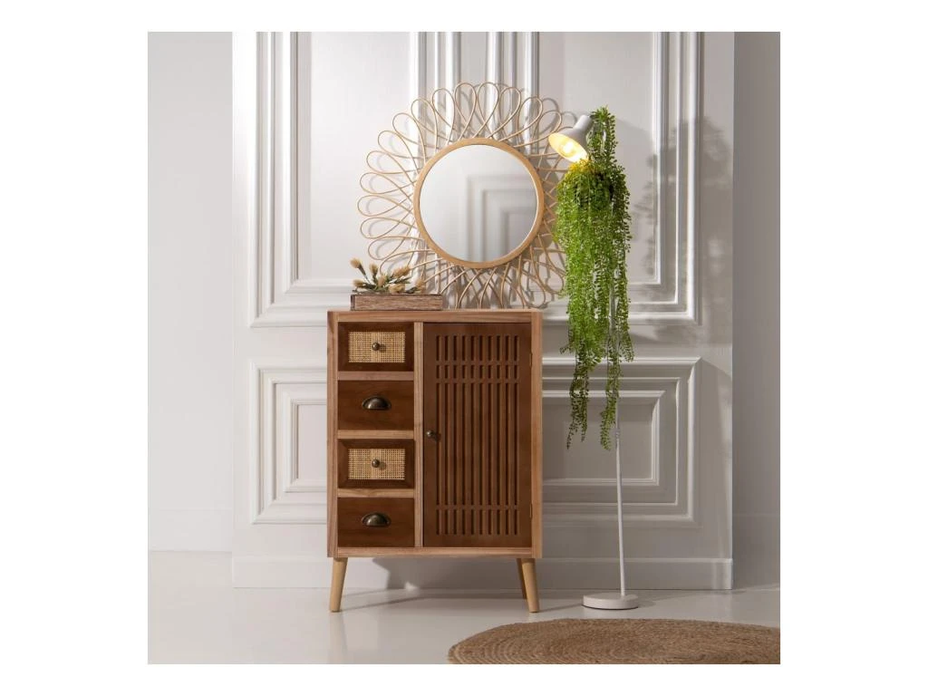 Meuble D'entrée 1 Porte 4 Tiroirs Bois/Rotin - BISCUIT 2 Meuble D'entrée 1 Porte 4 Tiroirs Bois/Rotin - BISCUIT – Image 2