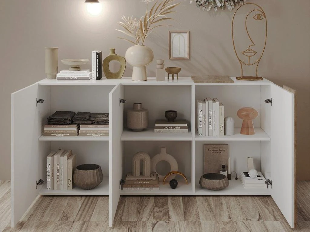 Buffet Avec 3 Portes - Blanc Et Naturel Clair - CAYNO 2 Buffet Avec 3 Portes - Blanc Et Naturel Clair - CAYNO – Image 2