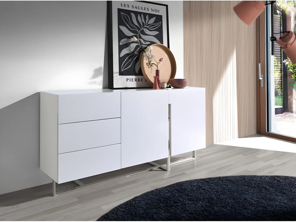 Buffet En Bois Blanc Et Acier Chromé 3051 ANGEL CERDA 3 Buffet En Bois Blanc Et Acier Chromé 3051 ANGEL CERDA – Image 3