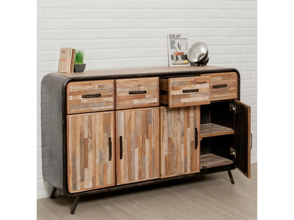 Buffet 4 Portes En Teck Industriel "Fusion" 140cm Naturel 3 Buffet 4 Portes En Teck Industriel "Fusion" 140cm Naturel – Image 3