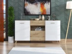 Buffet Avec 3 Portes, 1 Tiroir Et 1 Niche En MDF - Naturel Clair Et Blanc - EZGI