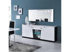 Buffet 4 Portes Laqué Blanc Et Noir Brillant à Leds - LASINA - L 190 X L 47 X H 81 Cm