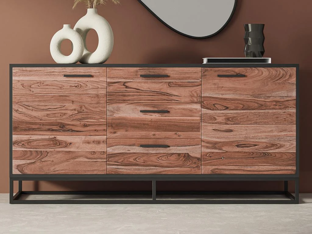 Buffet Avec 3 Tiroirs Et 2 Portes En Bois D'acacia Et Métal - Naturel Foncé Et Noir - ALYONA 2 Buffet Avec 3 Tiroirs Et 2 Portes En Bois D'acacia Et Métal - Naturel Foncé Et Noir - ALYONA – Image 2