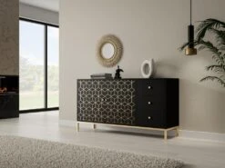 Buffet Avec 2 Portes Et 3 Tiroirs En Bois De Manguier Et Métal - Noir Et Doré - ANALIMY