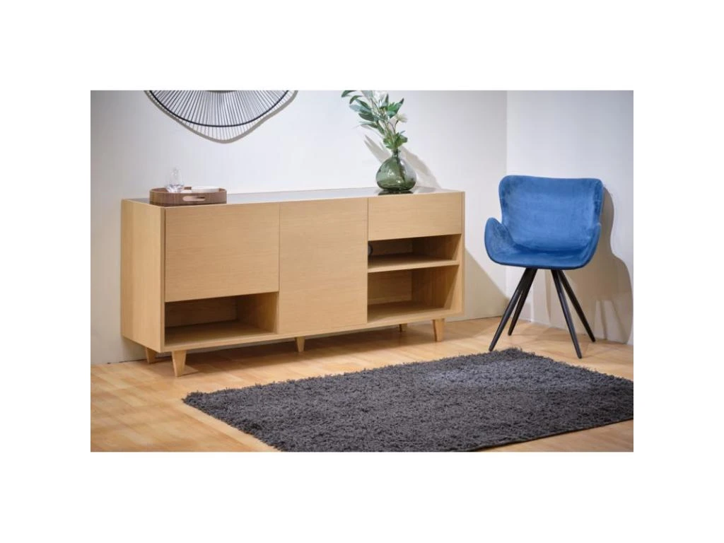 Buffet 165 Cm Décor Chêne Clair Avec Plateau Verre Fumé - MADDE 6862 2 Buffet 165 Cm Décor Chêne Clair Avec Plateau Verre Fumé - MADDE 6862 – Image 2