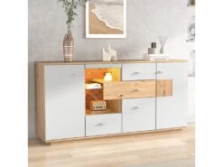 Buffet Bas Avec 2 Portes Et 4 Tiroirs - LED - étagère En Verre Pour Salon Ou Cuisine - Blanc & Naturel