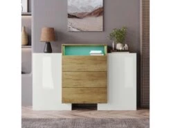 Buffet Avec 2 Portes 3 Tiroirs Et LED - Pour Salon Et Chambre - Naturel & Blanc