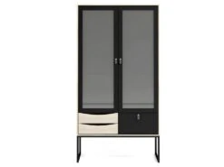 Strive Armoire Vitrine 2 Portes Vitrées, 3 Tiroirs, Noir Mat, Finition Structure Chêne. -Mobilier De Restaurant buffet 22086855