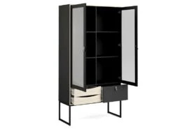 Strive Armoire Vitrine 2 Portes Vitrées, 3 Tiroirs, Noir Mat, Finition Structure Chêne. -Mobilier De Restaurant buffet 22086859