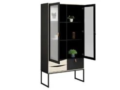 Strive Armoire Vitrine 2 Portes Vitrées, 3 Tiroirs, Noir Mat, Finition Structure Chêne. -Mobilier De Restaurant buffet 22086865