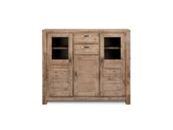 Alana Vitrine Avec 3 Portes Et 2 Tiroirs, En Bois D'acacia Teinté Brun, Livrée Prête à L'emploi.