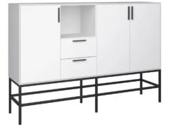 Cris Buffet 3 Portes Et 2 Tiroirs, Blanc Laqué, Structure Métallique, Noir.