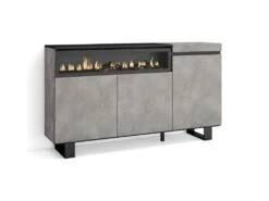 Buffet Salon Et Cuisine, 150x87x35cm, 3 Portes, Cheminée électrique, Design Industriel, Ciment