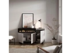 Buffet Salon Et Cuisine, 150x87x35cm, 3 Portes, Cheminée électrique, Design Industriel, Ciment -Mobilier De Restaurant buffet 22217821