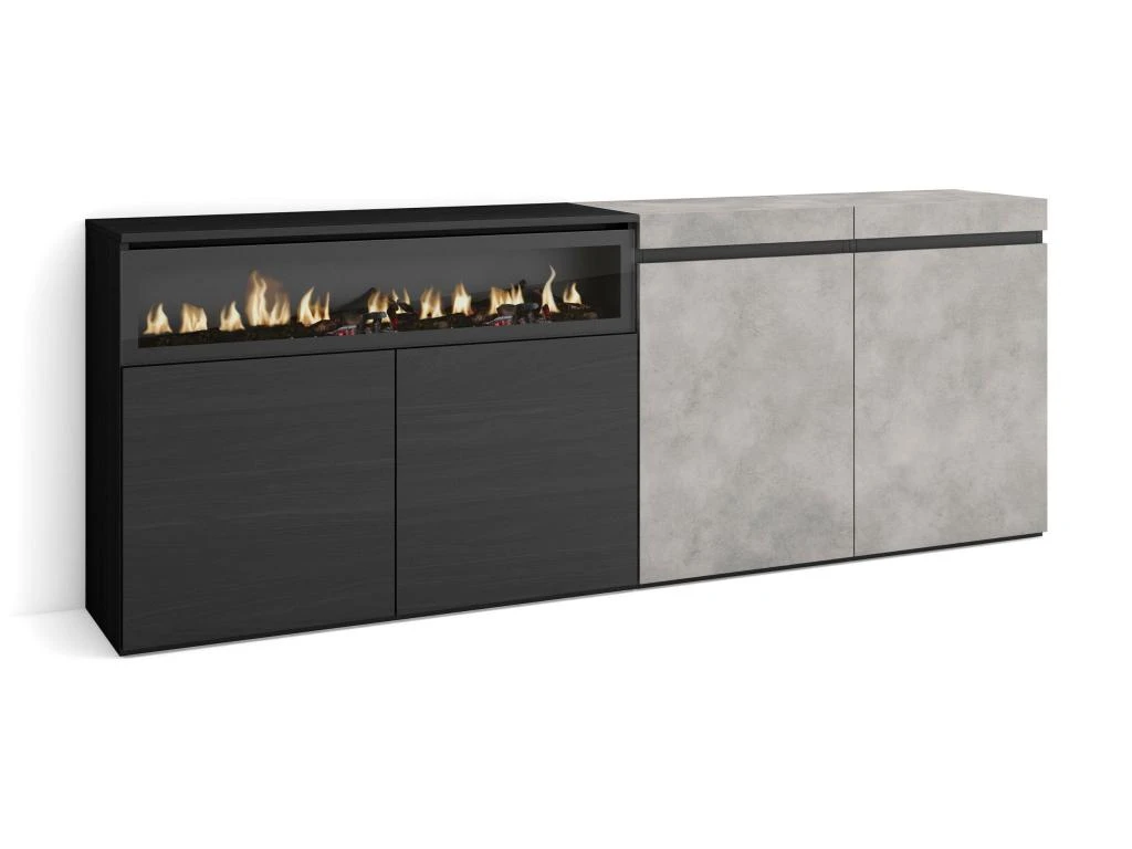 Buffet Salon Et Cuisine, 200x75x35cm, 4 Portes, Cheminée électrique, Ciment 1 Buffet Salon Et Cuisine, 200x75x35cm, 4 Portes, Cheminée électrique, Ciment