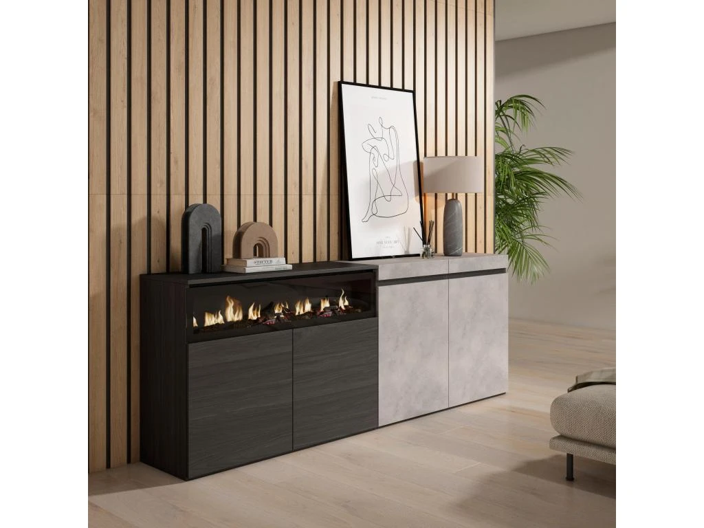 Buffet Salon Et Cuisine, 200x75x35cm, 4 Portes, Cheminée électrique, Ciment 2 Buffet Salon Et Cuisine, 200x75x35cm, 4 Portes, Cheminée électrique, Ciment – Image 2