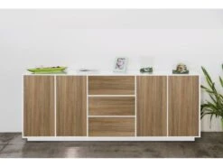 Placard Dnast, Buffet De Cuisine Avec 4 Portes Et 3 Tiroirs, Buffet De Salon, 100% Made In Italy, 220x41h86 Cm, Blanc Brillant Et Noyer -Mobilier De Restaurant buffet 22846739