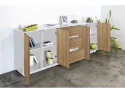 Placard Dnast, Buffet De Cuisine Avec 4 Portes Et 3 Tiroirs, Buffet De Salon, 100% Made In Italy, 220x41h86 Cm, Blanc Brillant Et Noyer -Mobilier De Restaurant buffet 22846741