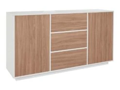 Placard Dmorac, Buffet De Cuisine Avec 2 Portes Et 3 Tiroirs, Buffet De Salon, 100% Made In Italy, 160x41h86 Cm, Blanc Brillant Et Noyer