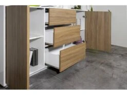 Placard Dmorac, Buffet De Cuisine Avec 2 Portes Et 3 Tiroirs, Buffet De Salon, 100% Made In Italy, 160x41h86 Cm, Blanc Brillant Et Noyer -Mobilier De Restaurant buffet 22848185