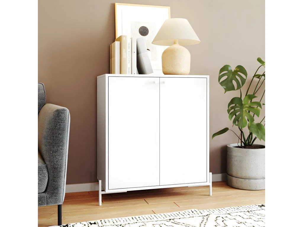 Buffet Blanc 2 Portes 3 Niches Pieds Métal Ronds 4 Buffet Blanc 2 Portes 3 Niches Pieds Métal Ronds – Image 4